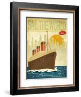 Sail The World - Vintage Poster With Ocean-Liner And Cityscape-LanaN.-Framed Art Print