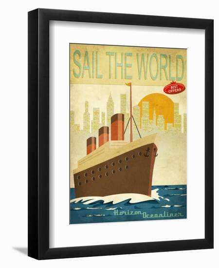 Sail The World - Vintage Poster With Ocean-Liner And Cityscape-LanaN.-Framed Art Print