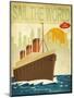 Sail The World - Vintage Poster With Ocean-Liner And Cityscape-LanaN.-Mounted Art Print