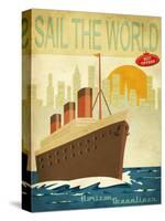 Sail The World - Vintage Poster With Ocean-Liner And Cityscape-LanaN.-Stretched Canvas