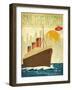 Sail the World - Vintage Poster with Ocean-Liner and Cityscape-LanaN-Framed Art Print