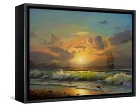 Sailboat Against A Background Of Sea Sunset, Oil Painting-Lilun-Framed Stretched Canvas