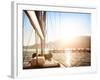 Sailboat on Sunset, Luxurious Water Transport, Bright Sun Light on the Sea, Evening Travel on Sail-Anna Omelchenko-Framed Photographic Print