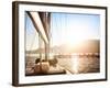 Sailboat on Sunset, Luxurious Water Transport, Bright Sun Light on the Sea, Evening Travel on Sail-Anna Omelchenko-Framed Photographic Print