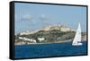 Sailboat Participating in Regatta, View of Ibiza Old Town and Dalt Vila, Ibiza-Emanuele Ciccomartino-Framed Stretched Canvas