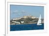 Sailboat Participating in Regatta, View of Ibiza Old Town and Dalt Vila, Ibiza-Emanuele Ciccomartino-Framed Photographic Print