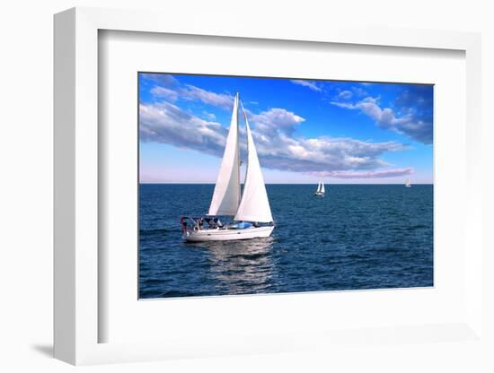 Sailboat Sailing in the Morning with Blue Cloudy Sky-elenathewise-Framed Photographic Print