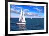 Sailboat Sailing in the Morning with Blue Cloudy Sky-elenathewise-Framed Photographic Print