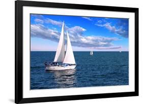 Sailboat Sailing in the Morning with Blue Cloudy Sky-elenathewise-Framed Photographic Print