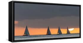 Sailboats in the Ocean at Sunset, Waikiki, Honolulu, Oahu, Hawaii, USA-Keith Levit-Framed Stretched Canvas