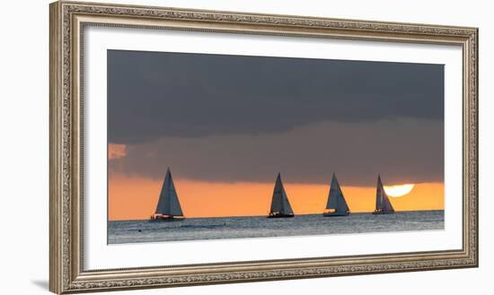 Sailboats in the Ocean at Sunset, Waikiki, Honolulu, Oahu, Hawaii, USA-Keith Levit-Framed Photographic Print