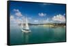 Sailing boat anchoring on Mana Island, Mamanuca Islands, Fiji, South Pacific-Michael Runkel-Framed Stretched Canvas