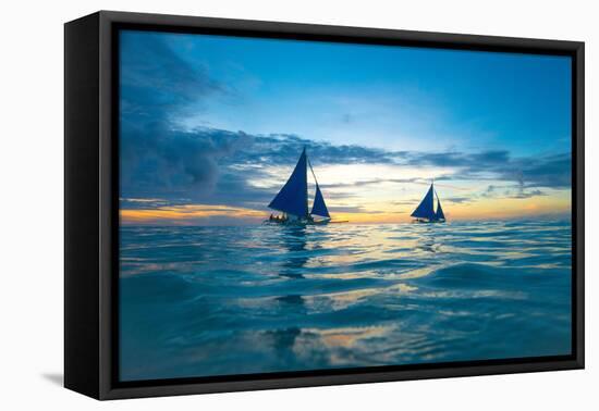 Sailing Boat at Sunset, Sea-Zhencong Chen-Framed Stretched Canvas
