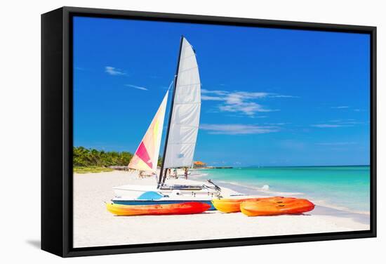 Sailing Boat (Catamaran) and Kayaks at Varadero Beach in Cuba-Kamira-Framed Stretched Canvas