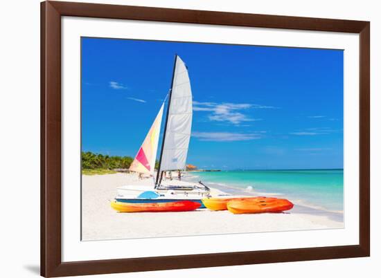 Sailing Boat (Catamaran) and Kayaks at Varadero Beach in Cuba-Kamira-Framed Photographic Print