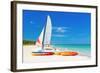 Sailing Boat (Catamaran) and Kayaks at Varadero Beach in Cuba-Kamira-Framed Photographic Print