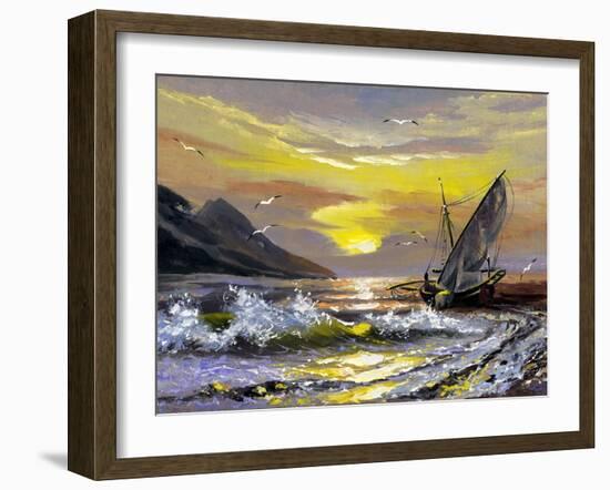Sailing Boat In Waves On A Decline-balaikin2009-Framed Art Print