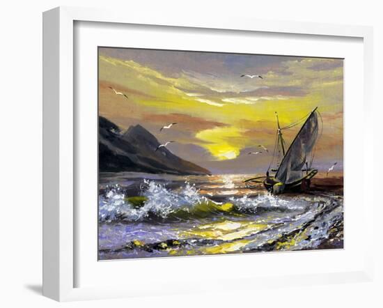 Sailing Boat In Waves On A Decline-balaikin2009-Framed Art Print