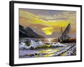 Sailing Boat In Waves On A Decline-balaikin2009-Framed Art Print