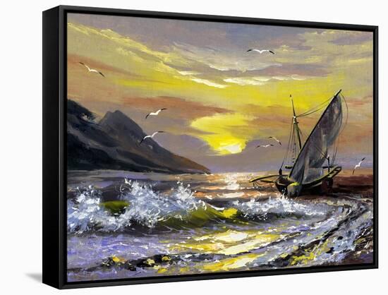 Sailing Boat In Waves On A Decline-balaikin2009-Framed Stretched Canvas