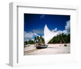 Sailing boat Jangada at Combuco Beach near Fortaleza, Ceara, Brazil-null-Framed Art Print