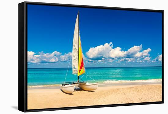 Sailing Boat on a Beautiful Summer Day at Beach in Cuba-Kamira-Framed Stretched Canvas