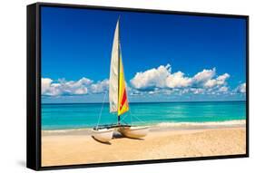 Sailing Boat on a Beautiful Summer Day at Beach in Cuba-Kamira-Framed Stretched Canvas