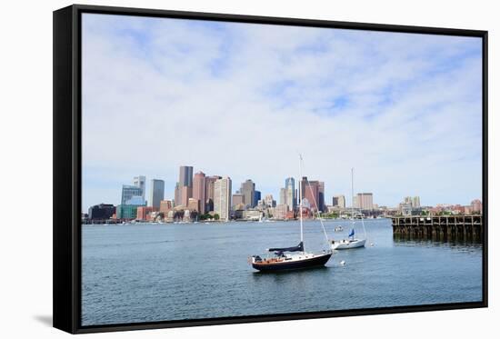 Sailing Boat Rest with Dock in Bay and Boston Downtown Skyline with Urban Skyscrapers over Sea in T-Songquan Deng-Framed Stretched Canvas