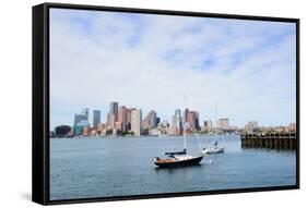 Sailing Boat Rest with Dock in Bay and Boston Downtown Skyline with Urban Skyscrapers over Sea in T-Songquan Deng-Framed Stretched Canvas