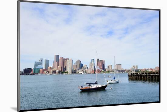 Sailing Boat Rest with Dock in Bay and Boston Downtown Skyline with Urban Skyscrapers over Sea in T-Songquan Deng-Mounted Photographic Print