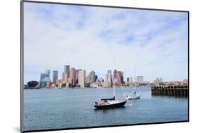 Sailing Boat Rest with Dock in Bay and Boston Downtown Skyline with Urban Skyscrapers over Sea in T-Songquan Deng-Mounted Photographic Print