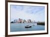 Sailing Boat Rest with Dock in Bay and Boston Downtown Skyline with Urban Skyscrapers over Sea in T-Songquan Deng-Framed Photographic Print