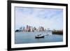 Sailing Boat Rest with Dock in Bay and Boston Downtown Skyline with Urban Skyscrapers over Sea in T-Songquan Deng-Framed Photographic Print