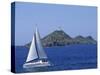 Sailing Boat with the Semaphore Lighthouse Behind, Iles Sanguinaires, Island of Corsica, France-Thouvenin Guy-Stretched Canvas
