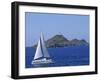 Sailing Boat with the Semaphore Lighthouse Behind, Iles Sanguinaires, Island of Corsica, France-Thouvenin Guy-Framed Photographic Print