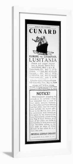 Sailing Notice and German Warning, New York Herald, 1st May 1915-American School-Framed Premium Giclee Print