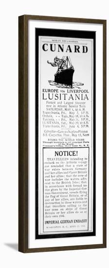 Sailing Notice and German Warning, New York Herald, 1st May 1915-American School-Framed Premium Giclee Print