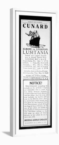 Sailing Notice and German Warning, New York Herald, 1st May 1915-American School-Framed Premium Giclee Print