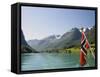 Sailing on the Green Lake and Norwegian Flag, Olden, Fjordland, Norway, Scandinavia, Europe-James Emmerson-Framed Stretched Canvas