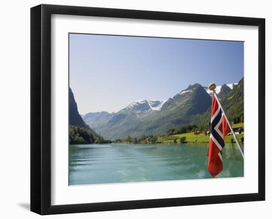 Sailing on the Green Lake and Norwegian Flag, Olden, Fjordland, Norway, Scandinavia, Europe-James Emmerson-Framed Premium Photographic Print