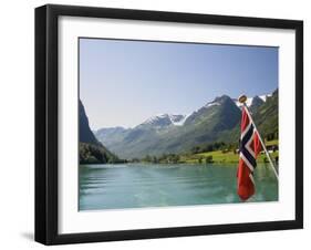 Sailing on the Green Lake and Norwegian Flag, Olden, Fjordland, Norway, Scandinavia, Europe-James Emmerson-Framed Premium Photographic Print