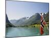 Sailing on the Green Lake and Norwegian Flag, Olden, Fjordland, Norway, Scandinavia, Europe-James Emmerson-Mounted Premium Photographic Print