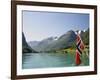 Sailing on the Green Lake and Norwegian Flag, Olden, Fjordland, Norway, Scandinavia, Europe-James Emmerson-Framed Photographic Print