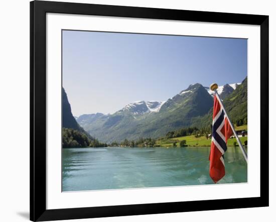 Sailing on the Green Lake and Norwegian Flag, Olden, Fjordland, Norway, Scandinavia, Europe-James Emmerson-Framed Photographic Print