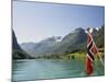 Sailing on the Green Lake and Norwegian Flag, Olden, Fjordland, Norway, Scandinavia, Europe-James Emmerson-Mounted Photographic Print