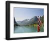 Sailing on the Green Lake and Norwegian Flag, Olden, Fjordland, Norway, Scandinavia, Europe-James Emmerson-Framed Photographic Print