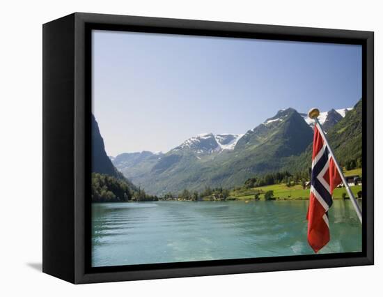 Sailing on the Green Lake and Norwegian Flag, Olden, Fjordland, Norway, Scandinavia, Europe-James Emmerson-Framed Stretched Canvas