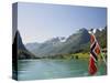 Sailing on the Green Lake and Norwegian Flag, Olden, Fjordland, Norway, Scandinavia, Europe-James Emmerson-Stretched Canvas