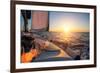 Sailing Ship Luxury Yacht Boat in the Sea during Amazing Sunset.-De Visu-Framed Photographic Print