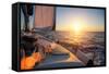 Sailing Ship Luxury Yacht Boat in the Sea during Amazing Sunset.-De Visu-Framed Stretched Canvas